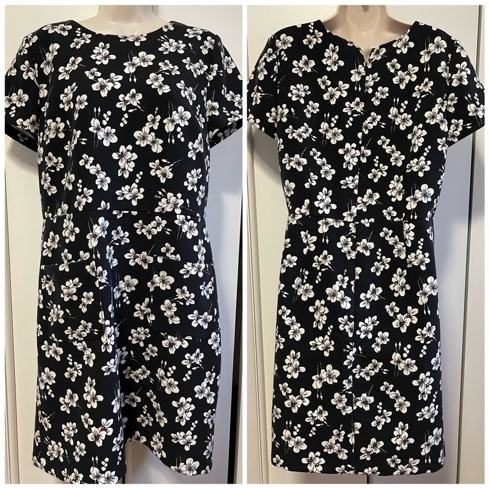 LOFT BLACK & WHITE FLORAL DRESS WITH FRONT POCKETS